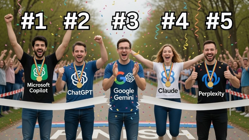 Five people celebrating at a finish line, wearing t-shirts of different AI platforms and medals, with confetti falling and the numbers #1 to #5 displayed above them.